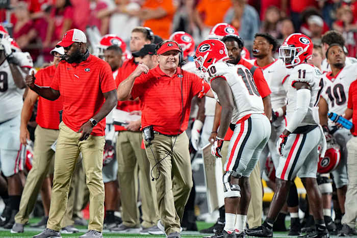 Georgia coach Kirby Smart motions on the sideline